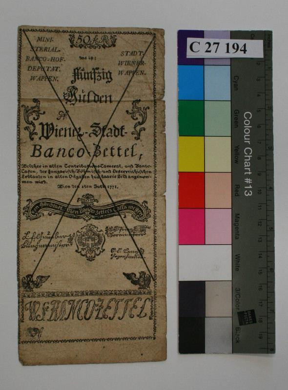 neznámý grafik rakouský | Fünfzig Gulden - bankovka | Displayed motifs: Book, Coat of arms, 