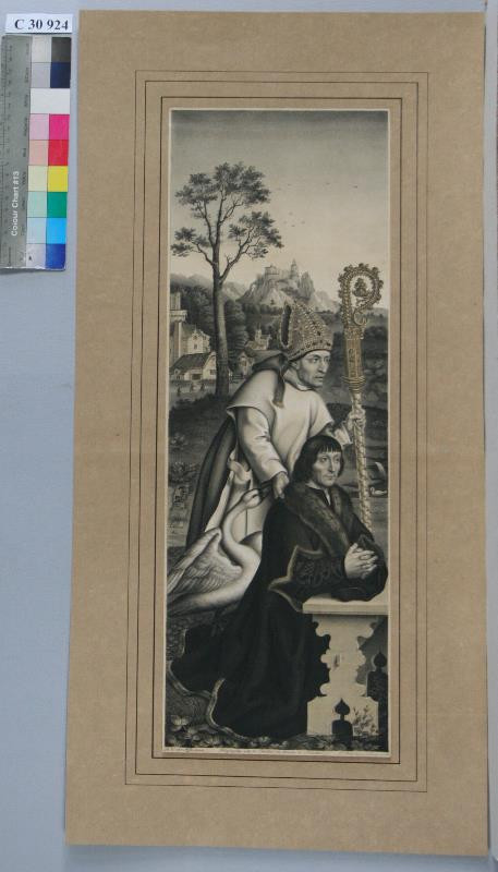 Nepomuk Strixner | Biskup s donátorem (levé křídlo oltáře Madona v krajině Jacoba Cornelisze van Amsterodam) | Displayed motifs: Miter, Tree, Clothing, Human face, Coat of arms, Woman, Person, 