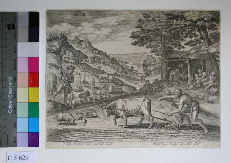 Johann Sadeler I. (?) | Genesis IV. | Displayed motifs: Bull, Tree, Man, Animal, Person, Cattle, 