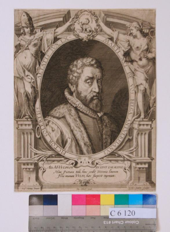 Johann Sadeler I. (?) | Martinus de Vos | Displayed motifs: Human face, Coat of arms, Miter, Man, Clothing, Person, 