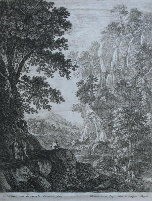 Herman van Swanevelt | Velká krajina - skály | Displayed motifs: Tree, Clothing, Mammal, 
