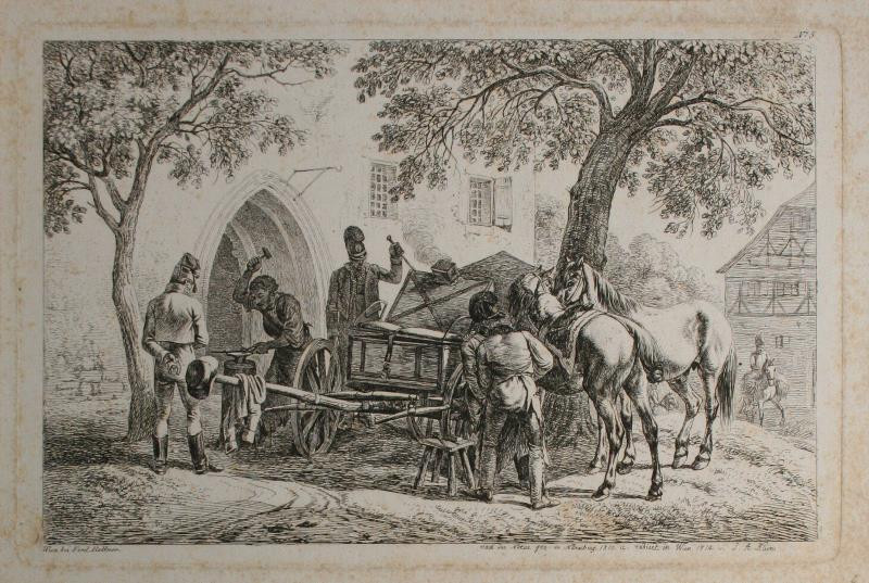 Johann Adam Klein | U kováře | Displayed motifs: Tree, Cart, Wheel, Horse, Man, Person, Animal, 