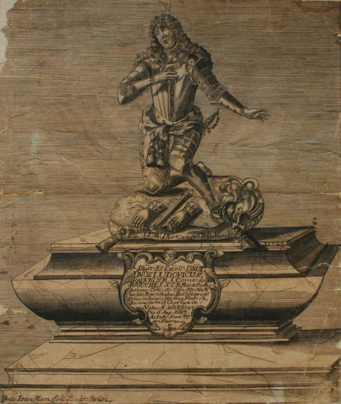Anton Johann Mansfeld | Pomník Ludv. de Souchez v Brně | Displayed motifs: Coat of arms, Person, Veil, Human face, Thorn crown, 