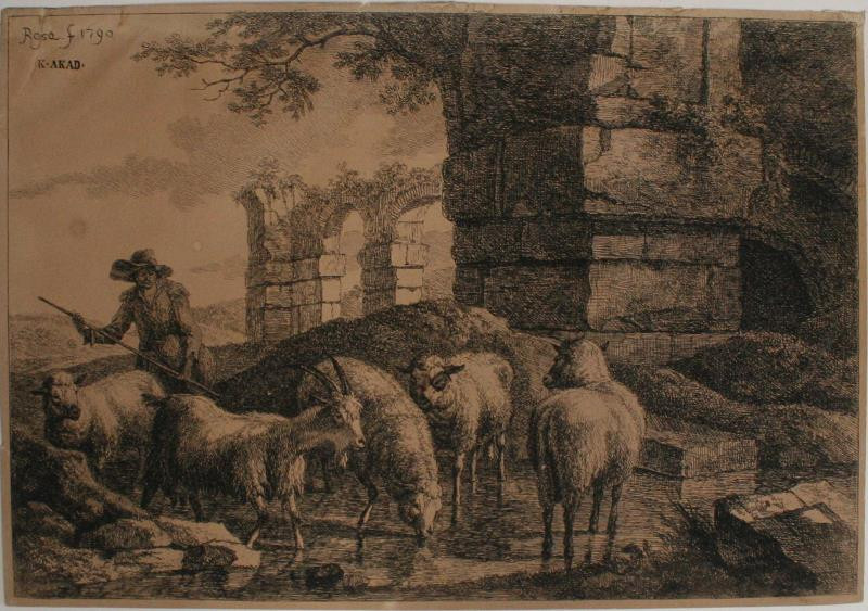 Joseph Rosa | pastýř se stádem | Displayed motifs: Sheep, Person, Animal, Tree, Latin cross, 