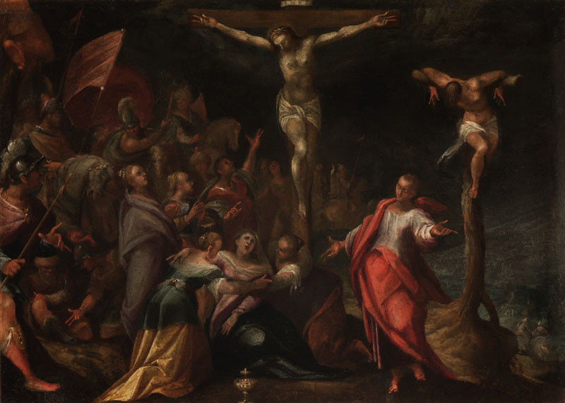 Hans von Aachen - žák | Ukřižování | Displayed motifs: Crucifixion, Thorn crown, Putto, Man, Clothing, Woman, Angel, 