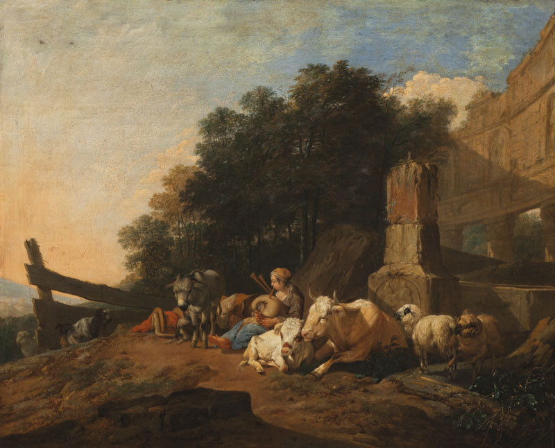 Johann Heinrich Roos | Krajina s odpočívajícím stádem | Displayed motifs: Sheep, Cattle, Animal, Horse, Tree, Bull, Person, 