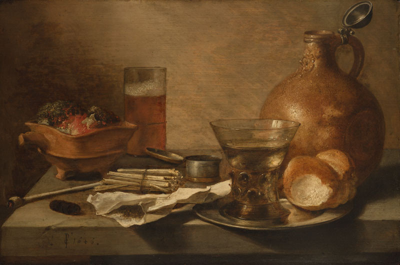 Pieter Claesz | Zátiší s hliněným džbánem | Displayed motifs: Vase, Food, Tableware, Jug, Bread, Oyster, 