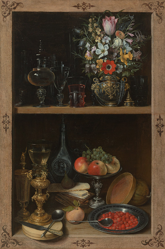 Georg Flegel | Regál s ovocem a květinami | Displayed motifs: Flower, Angel, Apple, Food, Shelf, Houseplant, Coat of arms, 