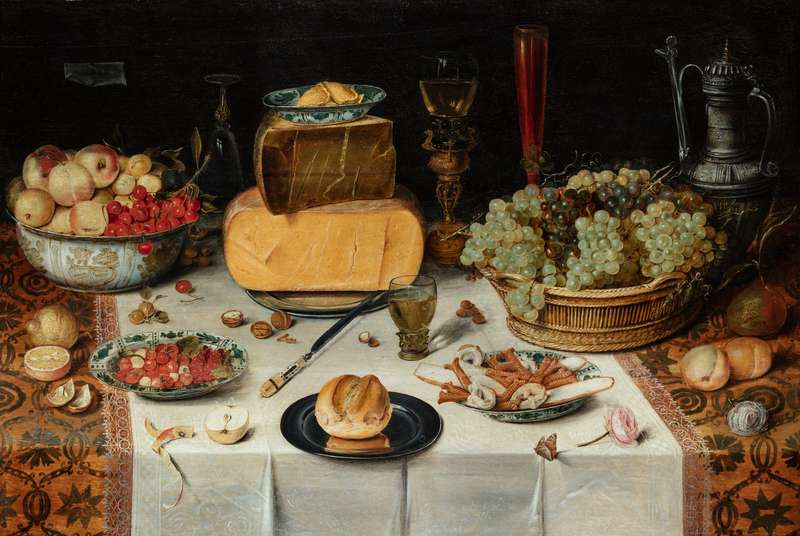 Nicolaes Gillis | Zátiší na stole | Displayed motifs: Table, Coat of arms, Latin cross, Jug, Food, Platter, Tableware, 