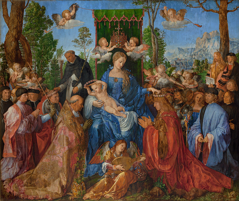Albrecht Dürer | Růžencová slavnost | Displayed motifs: Angel, Putto, Madonna, Woman, Clothing, Human face, Tree, 