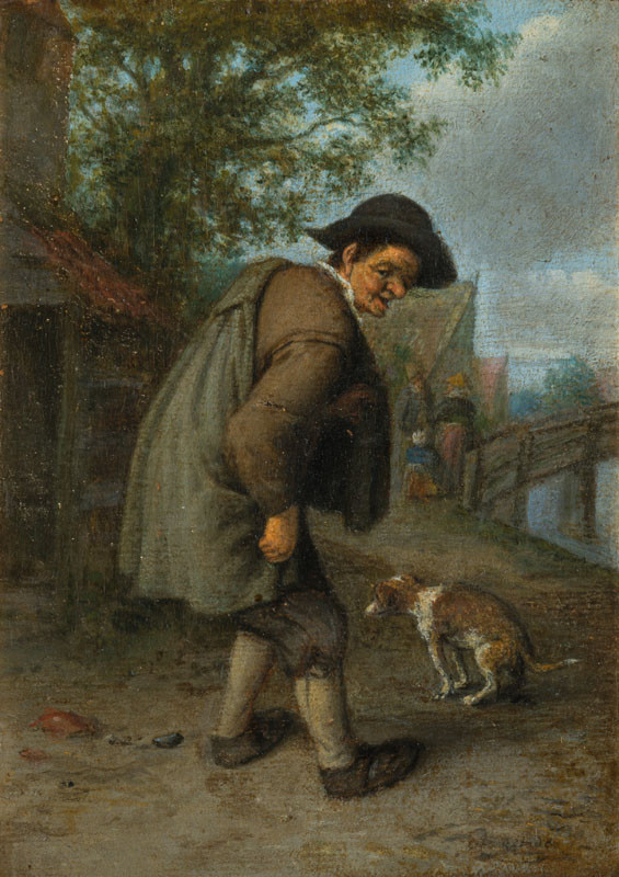 Adriaen van Ostade | Alegorie čichu (Ze série Pěti smyslů) | Displayed motifs: Cat, Clothing, Human face, Footwear, Man, Tree, Carnivore, 