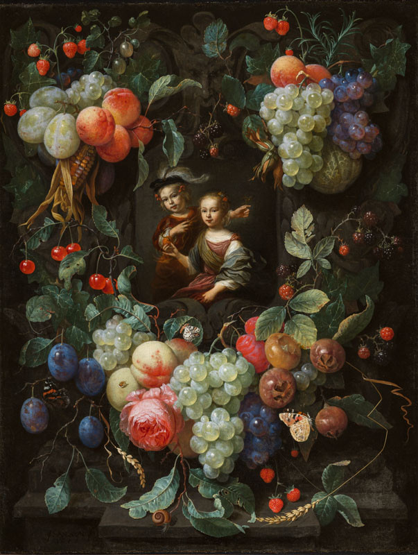 Joris van Son, Erasmus Quellinus II. | Kartuš s portréty dětí v girlandě | Displayed motifs: Apple, Human face, Clothing, Coat of arms, Person, Madonna, Rose, 