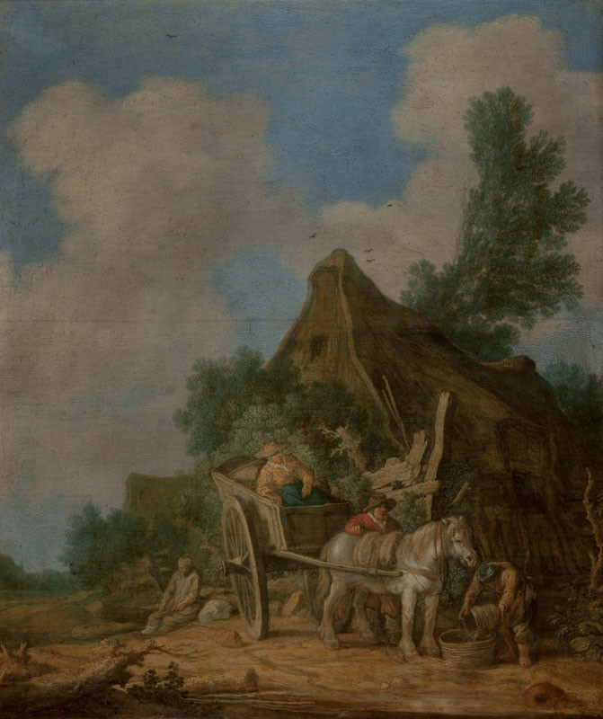 Pieter de Molijn | Odpočinek před selským statkem | Displayed motifs: Tree, Cart, Person, Tiger, Animal, Horse, 