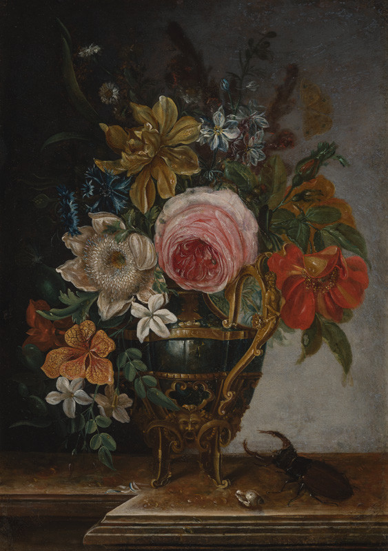 Jan Kašpar Hirschely | Kytice v manýristické váze | Displayed motifs: Flower, Insect, Rose, Flowerpot, Houseplant, Plant, 