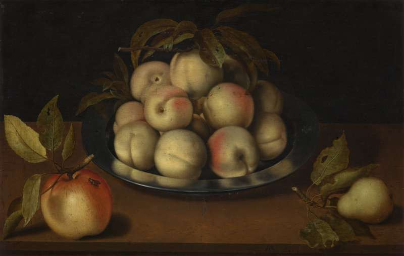 Ambrosius Bosschaert | Zátiší s broskvemi | Displayed motifs: Apple, Potato, Pear, Fruit, Plant, 