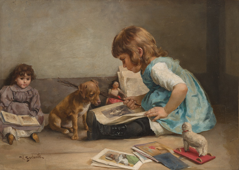 Vojtěch Bartoněk | Dítě s hračkami a psíkem | Displayed motifs: Dog, Human face, Clothing, Putto, Girl, Person, Toy, 