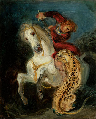 Eugène Delacroix | Jezdec napadený jaguárem | Displayed motifs: Person, Jaguar, Horse, Reptile, Seahorse, 