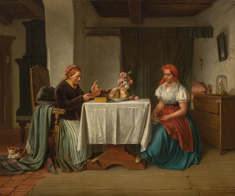 Antonín Dvořák | Sváteční den | Displayed motifs: Madonna, Woman, Nightstand, Table, Clothing, Dress, Veil, 