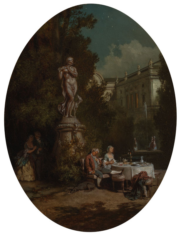 Josef Mánes | Při měsíčku | Displayed motifs: Table, Person, Woman, Halo, Man, Clothing, Tree, 