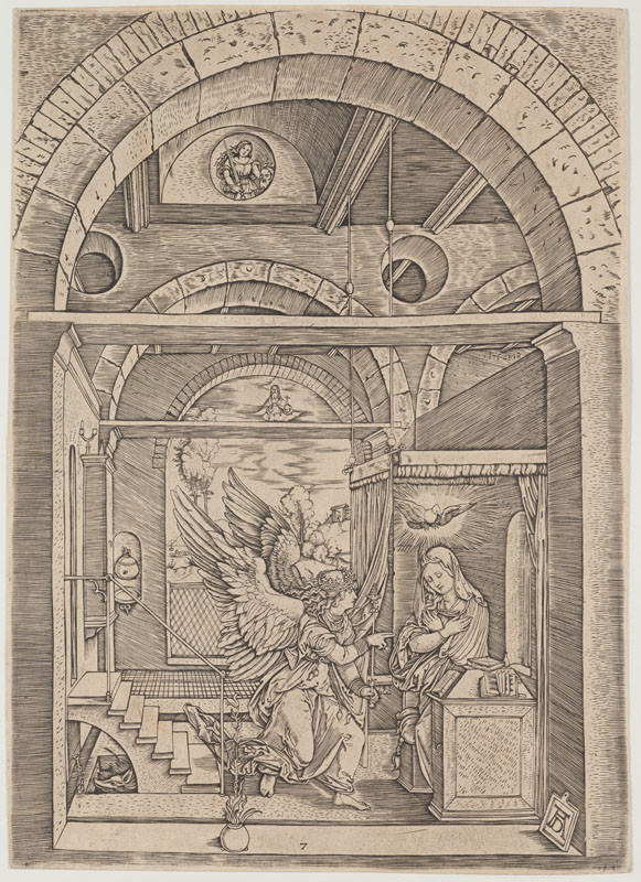 Albrecht Dürer - inventor, Marcantonio Raimondi - rytec | Zvěstování z cyklu Život Panny Marie | Displayed motifs: Angel, White dove, Coat of arms, Building, Person, Veil, Clothing, 