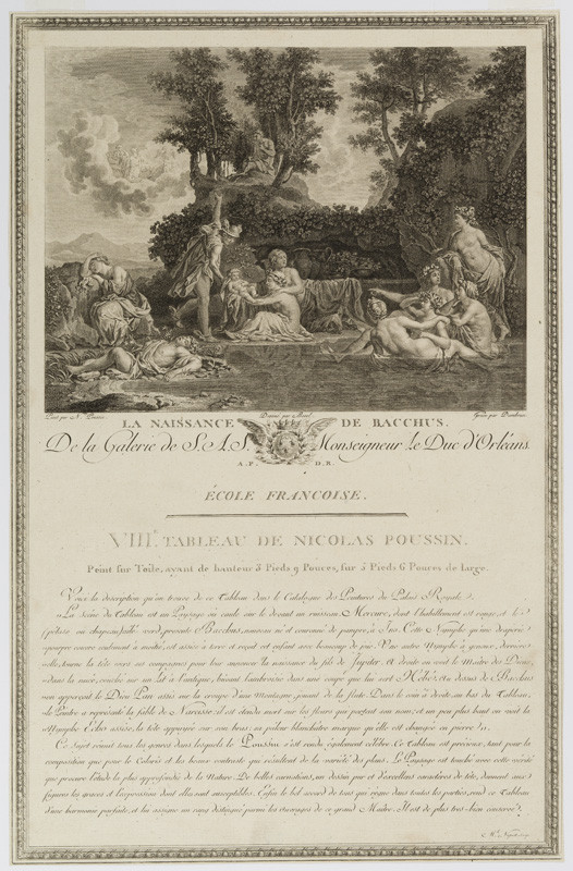 Jean Dambrun - rytec, Nicolas Poussin - inventor | Narození Bakcha | Displayed motifs: Book, Tree, Person, 