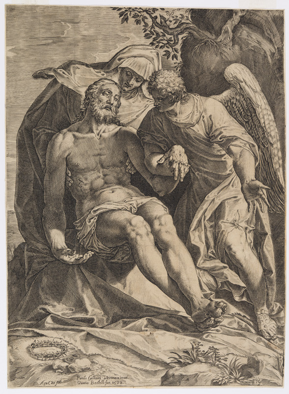 Agostino Carracci - rytec, Paolo Veronese - inventor | Pieta | Displayed motifs: Angel, Man, Human face, Veil, Clothing, 
