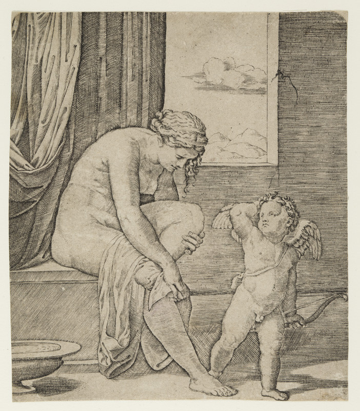 Marcantonio Raimondi - rytec, Raffael - inventor | Venuše v lázni a Amor | Displayed motifs: Putto, Clothing, Person, Man, Angel, Curtain, Human face, 