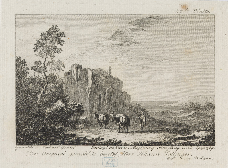 Jan Jiří Balzer - rytec, Norbert Grund - inventor | Muž se dvěma mulami | Displayed motifs: Tree, Mammal, Person, Man, 