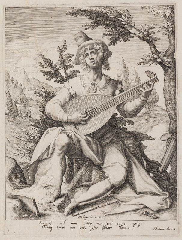 Jacques de Gheyn II. - rytec, Jacques de Gheyn II. - inventor (tvůrce předlohy) | Sangvinik (Země), z cyklu Čtyři temperamenty | Displayed motifs: Guitar, Human face, Person, Halo, Clothing, Banjo, Tree, 