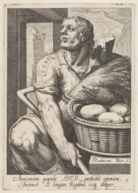 Jacques de Gheyn II. - rytec, Karel van Mander - inventor (tvůrce předlohy), Jan Pitten - vydavatel | Ašer z cyklu Dvanáct synů Jákobových | Displayed motifs: Human face, Man, Picnic basket, Food, Person, Vegetable, Clothing, 