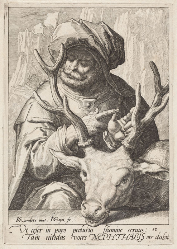 Jacques de Gheyn II. - rytec, Karel van Mander - inventor (tvůrce předlohy), Jan Pitten - vydavatel | Neftali, z cyklu Dvanáct synů Jákobových | Displayed motifs: Human face, Mammal, Person, Man, 