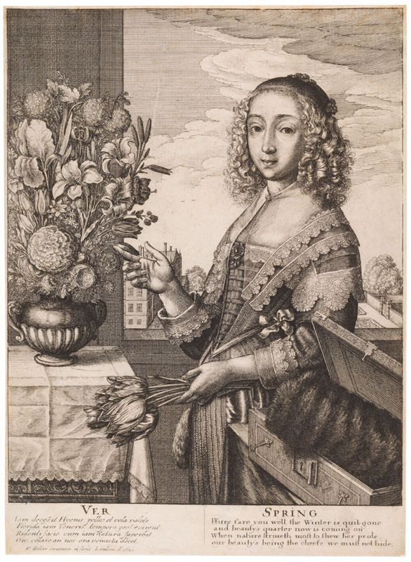 Václav Hollar - rytec | Jaro z cyklu Čtyři roční období jako tříčtvrteční ženské postavy | Displayed motifs: Human face, Woman, Clothing, Flowerpot, Rose, Flower, 