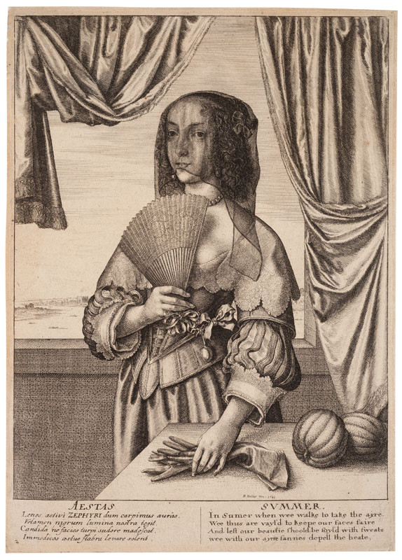 Václav Hollar - rytec | Léto z cyklu Čtyři roční období jako tříčtvrteční ženské postavy | Displayed motifs: Clothing, Human face, Curtain, Pumpkin, Person, Woman, 