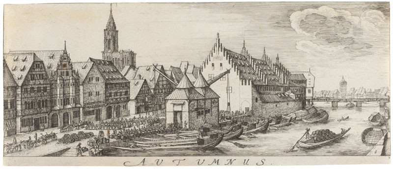 Václav Hollar - rytec | Podzim z cyklu Čtyři roční období - Štrasburské pohledy | Displayed motifs: House, Boat, Tower, Building, 