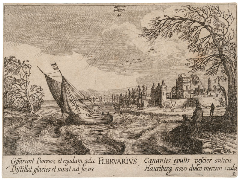 Václav Hollar - rytec, Johann Tscherningk - vydavatel, Jan van de Velde - inventor | Únor z cyklu 12 měsíců | Displayed motifs: Boat, Tree, Person, Plant, 