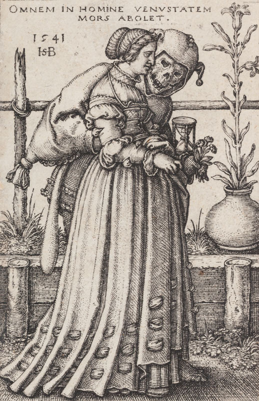 Hans Sebald Beham - rytec | Mladá žena a Smrt | Displayed motifs: Human face, Vase, Person, Dress, Clothing, Woman, Plant, 