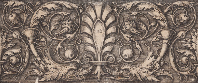 Hans Sebald Beham - rytec | Ornament se dvěma delfíními hlavami | Displayed motifs: Butterfly, Mushroom, Wound, Bat, 