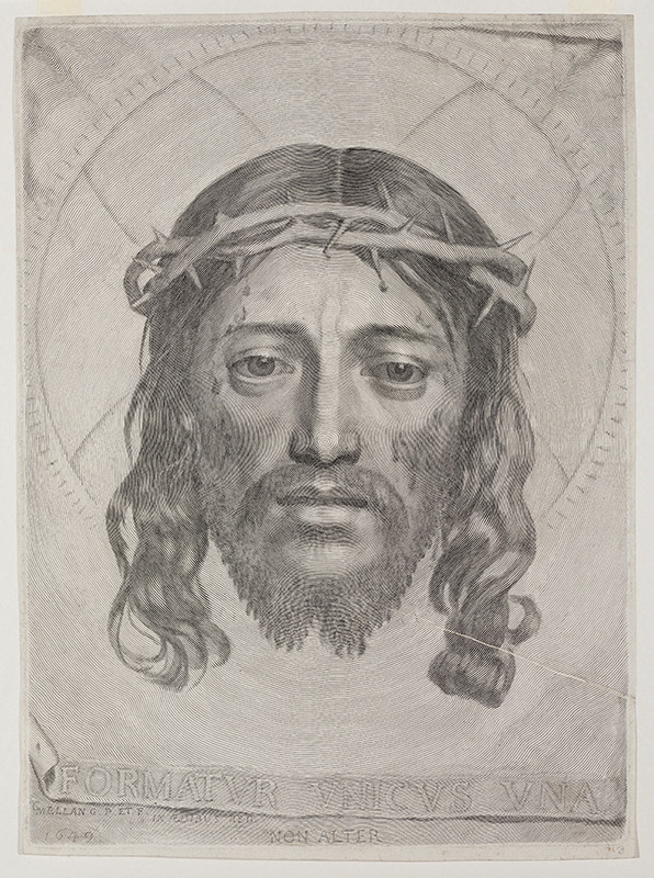 Claude Mellan | Tvář Kristova na roušce Veroničině | Displayed motifs: Human face, Man, Thorn crown, Halo, 