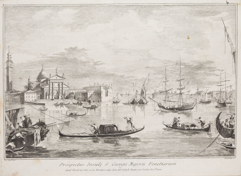 Dionysius Valesio - rytec, Francesco Guardi - inventor | Pohled na ostrov San Giorgio Maggiore | Displayed motifs: Boat, Gondola, Person, 