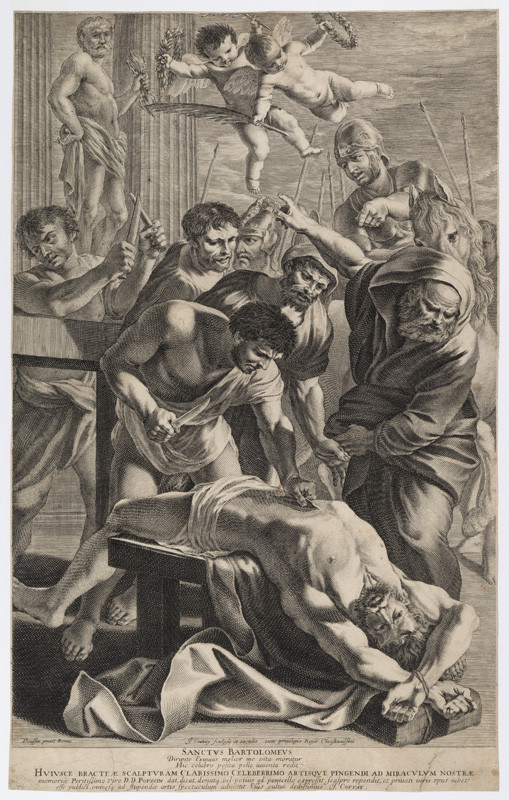 Jean Couvay - rytec, Nicolas Poussin - inventor | Umučení sv. Erasma | Displayed motifs: Putto, Human face, Man, Wound, Clothing, Person, Woman, 