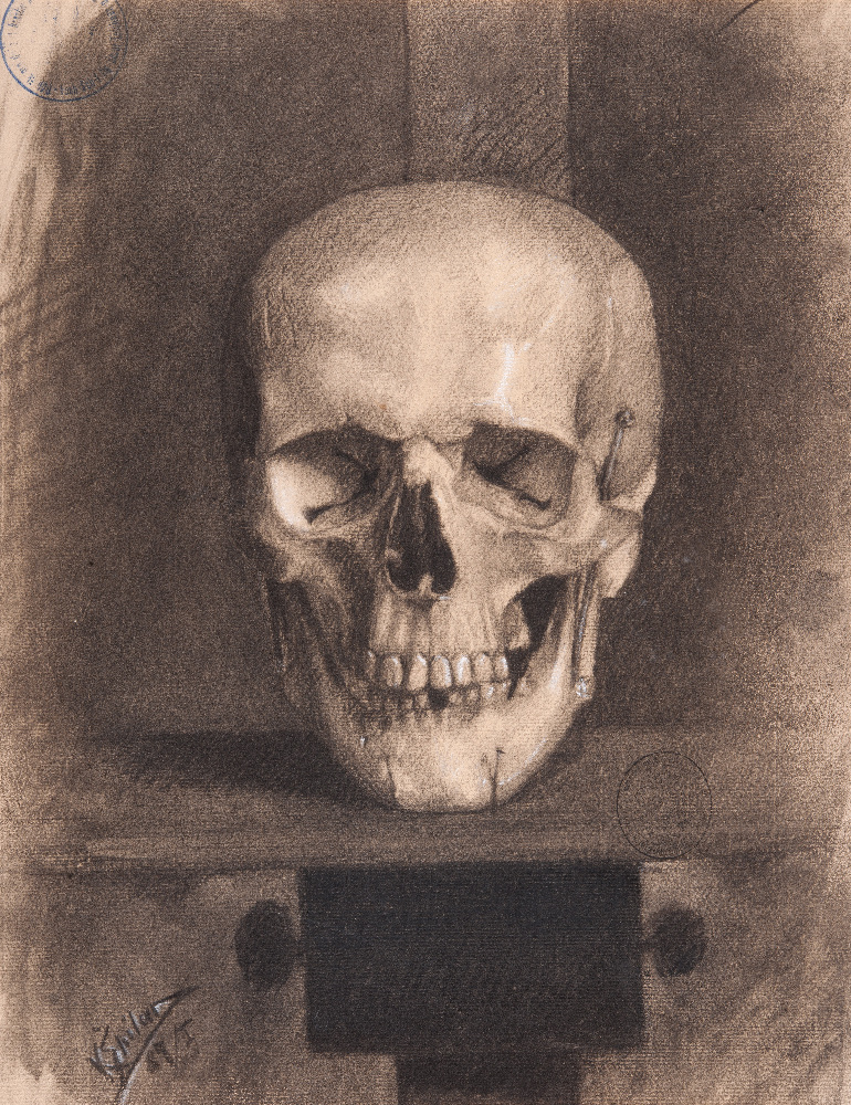 Špillar Karel | Lidská lebka I | Displayed motifs: Latin cross, Skull, Human face, Human eye, Halo, Man, 
