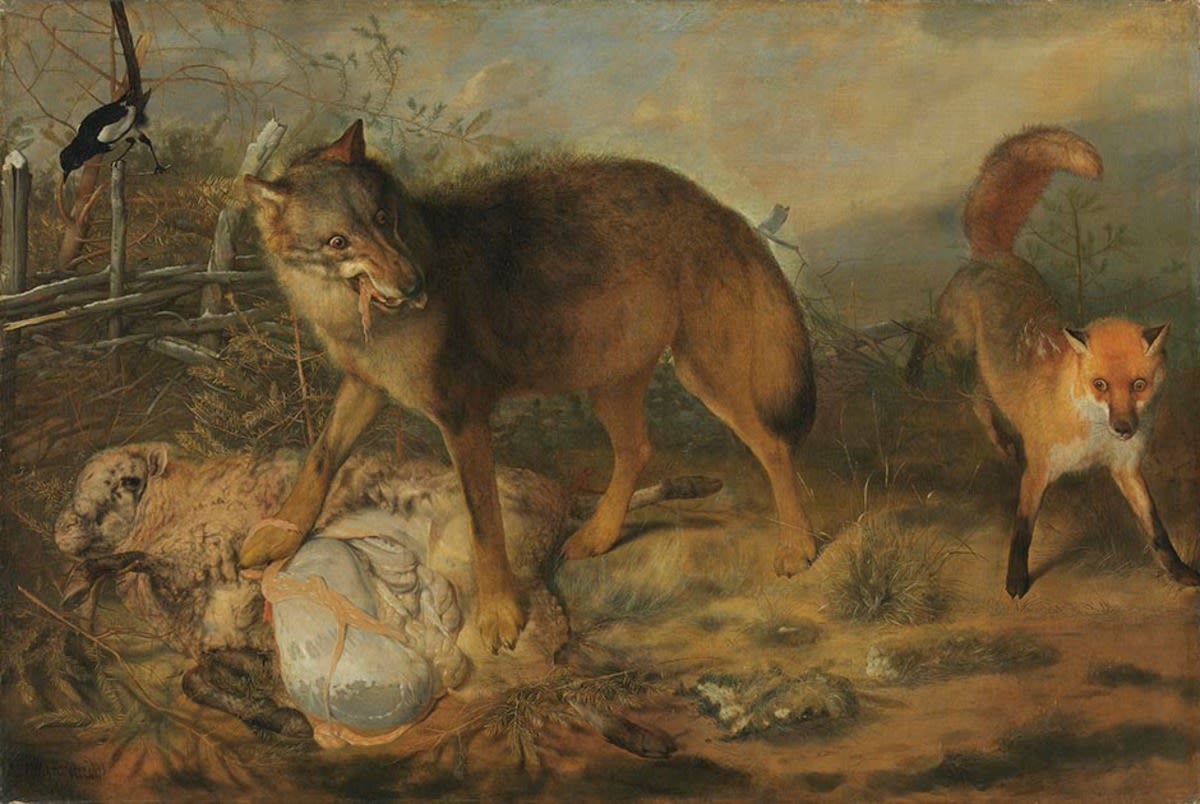 Christoph Paudiß | Wolf reißt ein Lamm | Displayed motifs: Fox, Dog, Animal, Carnivore, Lion, Deer, Latin cross, 