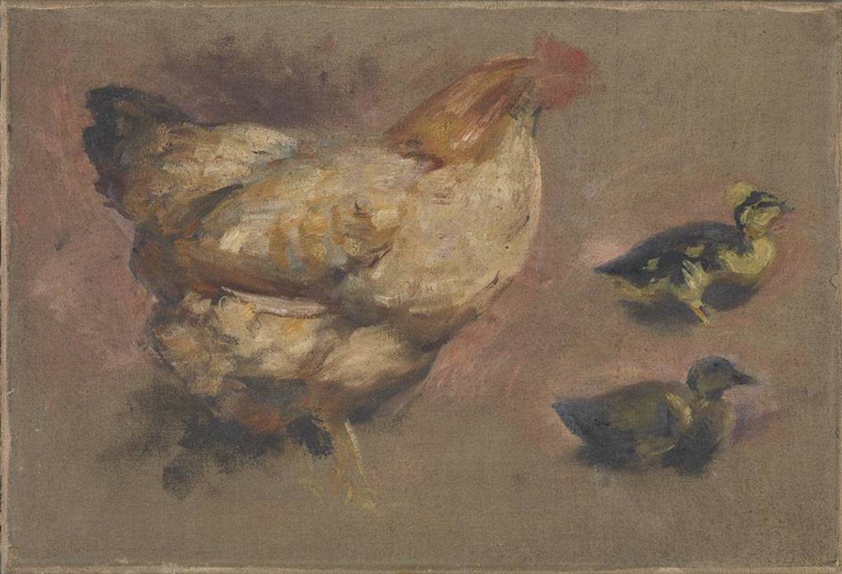 Hubert von Heyden | Henne mit zwei Küken (Studie) | Displayed motifs: Bird, Chicken, Animal, Duck, Angel, 