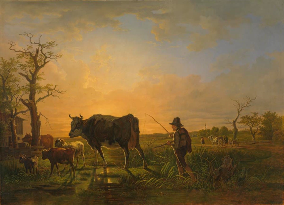 Max Joseph Wagenbauer | Abendlandschaft | Displayed motifs: Cattle, Tree, Person, 