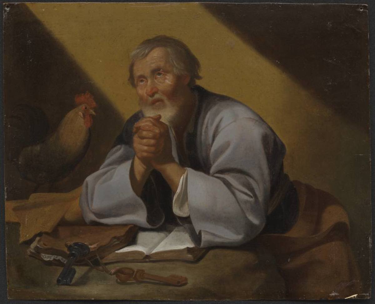 Ulrich Loth | Der reuige Petrus | Displayed motifs: Chicken, Man, Human face, Clothing, Human hand, 