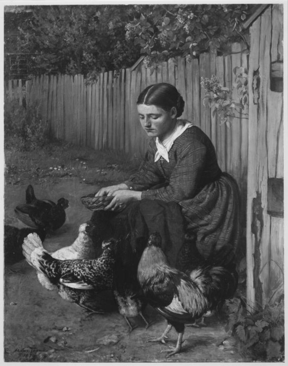 Hans Thoma | Hühner fütterndes Mädchen | Displayed motifs: Chicken, Woman, Clothing, Human face, Animal, 