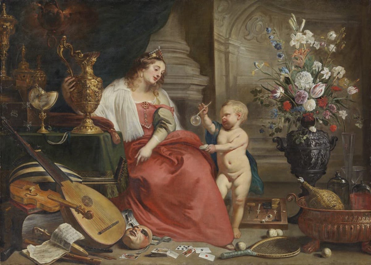 Theodor van Thulden | Allegorie der Vergänglichkeit | Displayed motifs: Putto, Woman, Clothing, Boy, Vase, Human face, Coat of arms, 