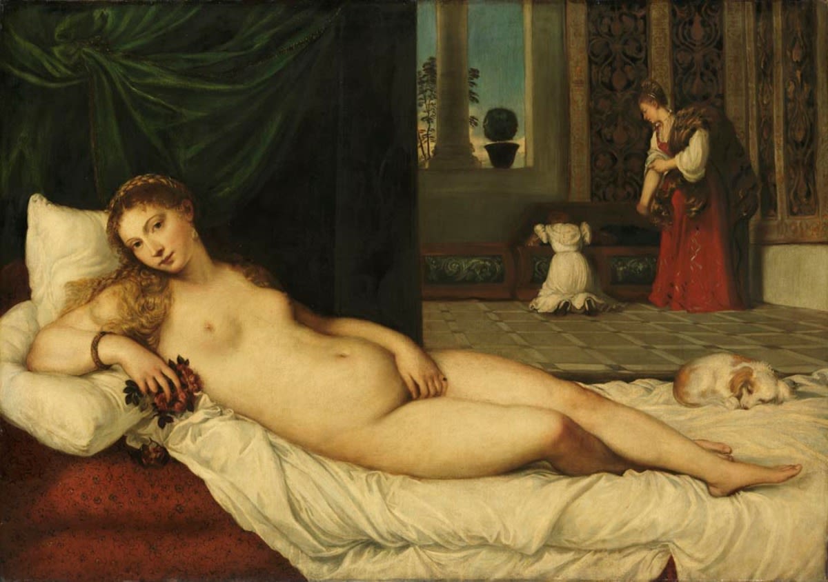 Franz von Lenbach | Venus von Urbino (nach Tizian) | Displayed motifs: Human face, Clothing, Pillow, Man, Woman, Cat, 