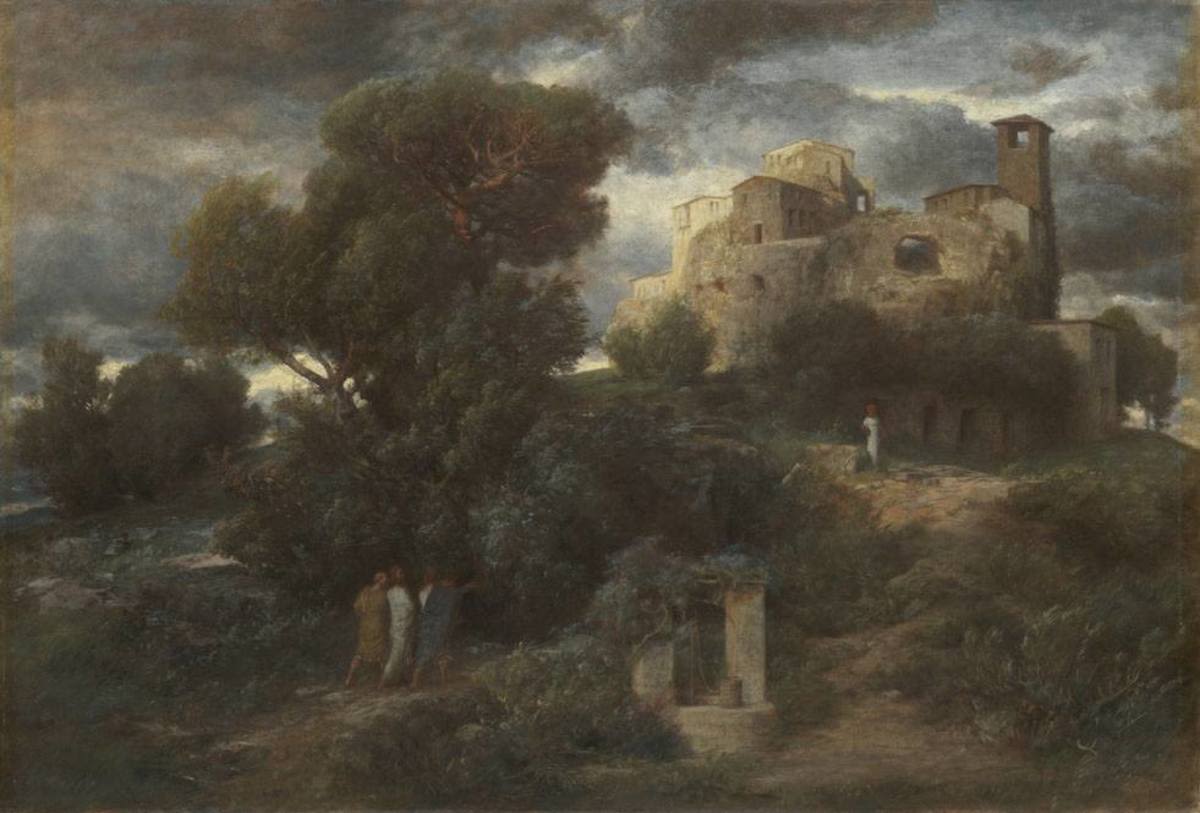 Arnold Böcklin | Der Gang nach Emmaus | Displayed motifs: Castle, Tree, Person, 