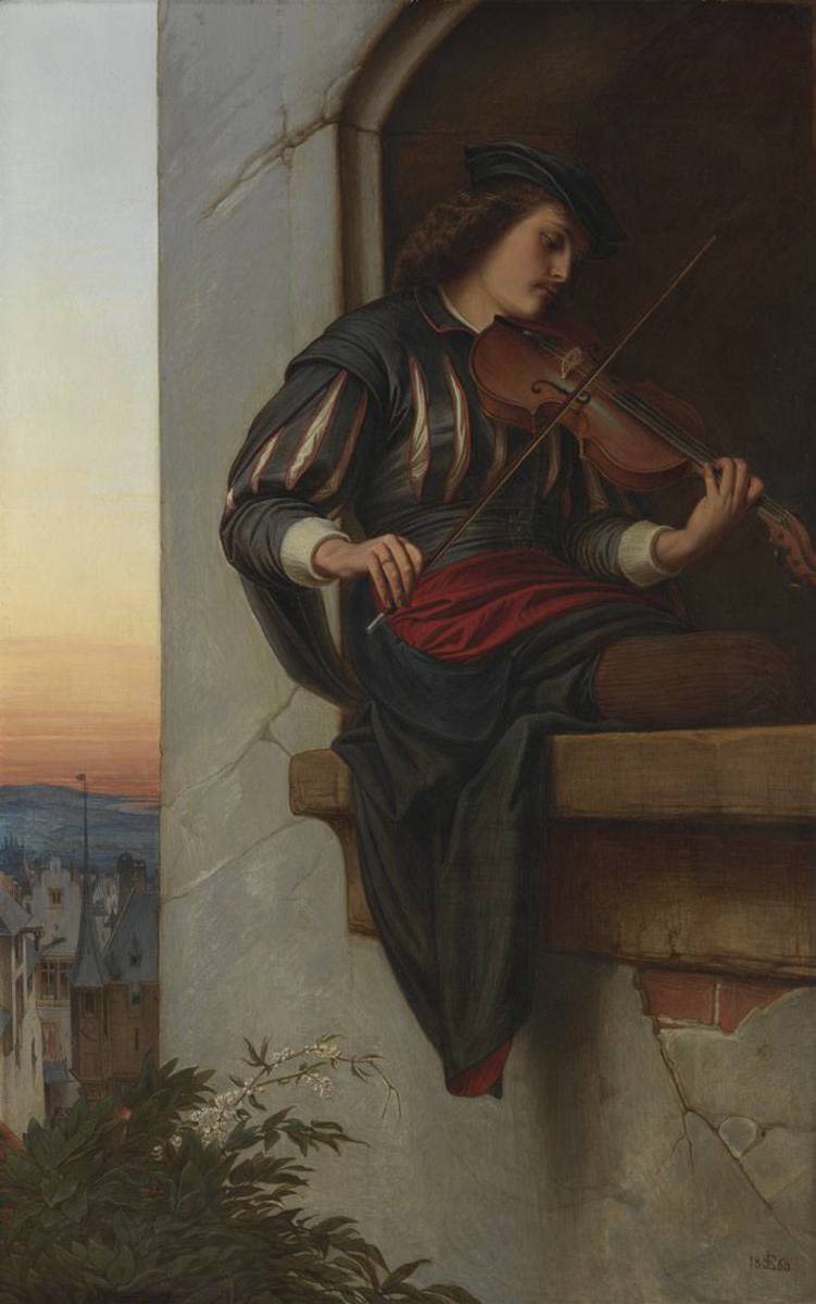 Edward Jakob von Steinle | Der Violinspieler | Displayed motifs: Violin, Human face, Person, Building, Tree, Clothing, Man, 
